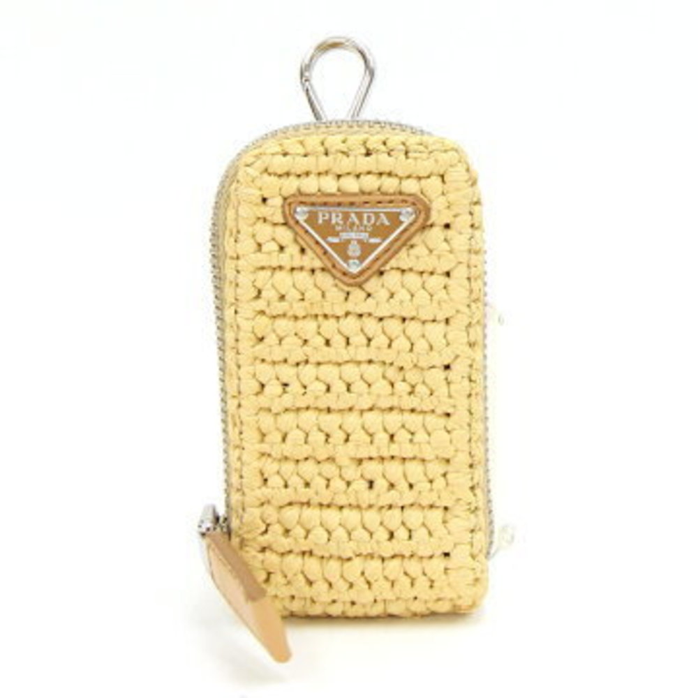 Prada pouch beige raffia leather key ring holder bag charm